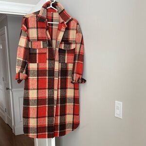 Red and Brown Plaid Long Coat